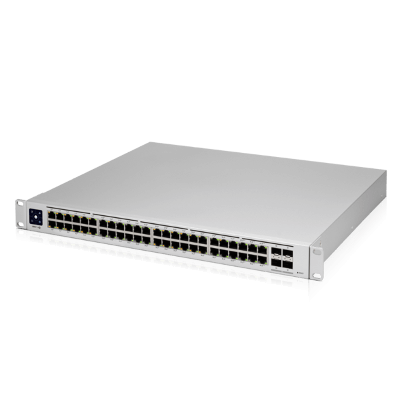 UniFi Switch USW-Pro-48-POE Gen2, Capa 3 de 48 puertos PoE 802.3at/bt + 4 puertos 1/10G SFP+, 600W, pantalla informativa - vista frontal del switch de 48 puertos