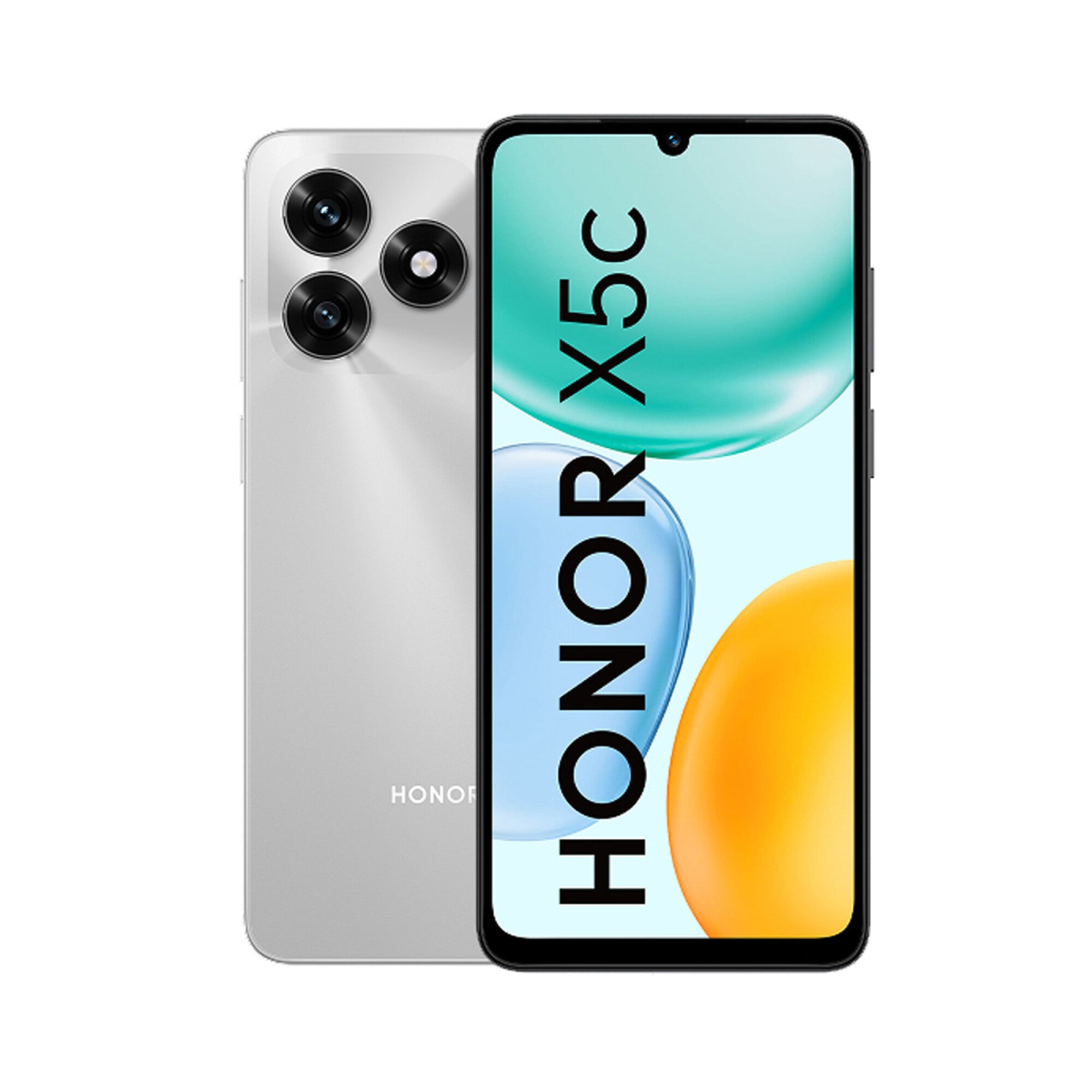 Alt Tag: Celular HONOR X5C 4GB+128GB Silver smartphone silver front and rear view with 6.74" 90Hz screen, 50MP AI camera and 5260mAh battery