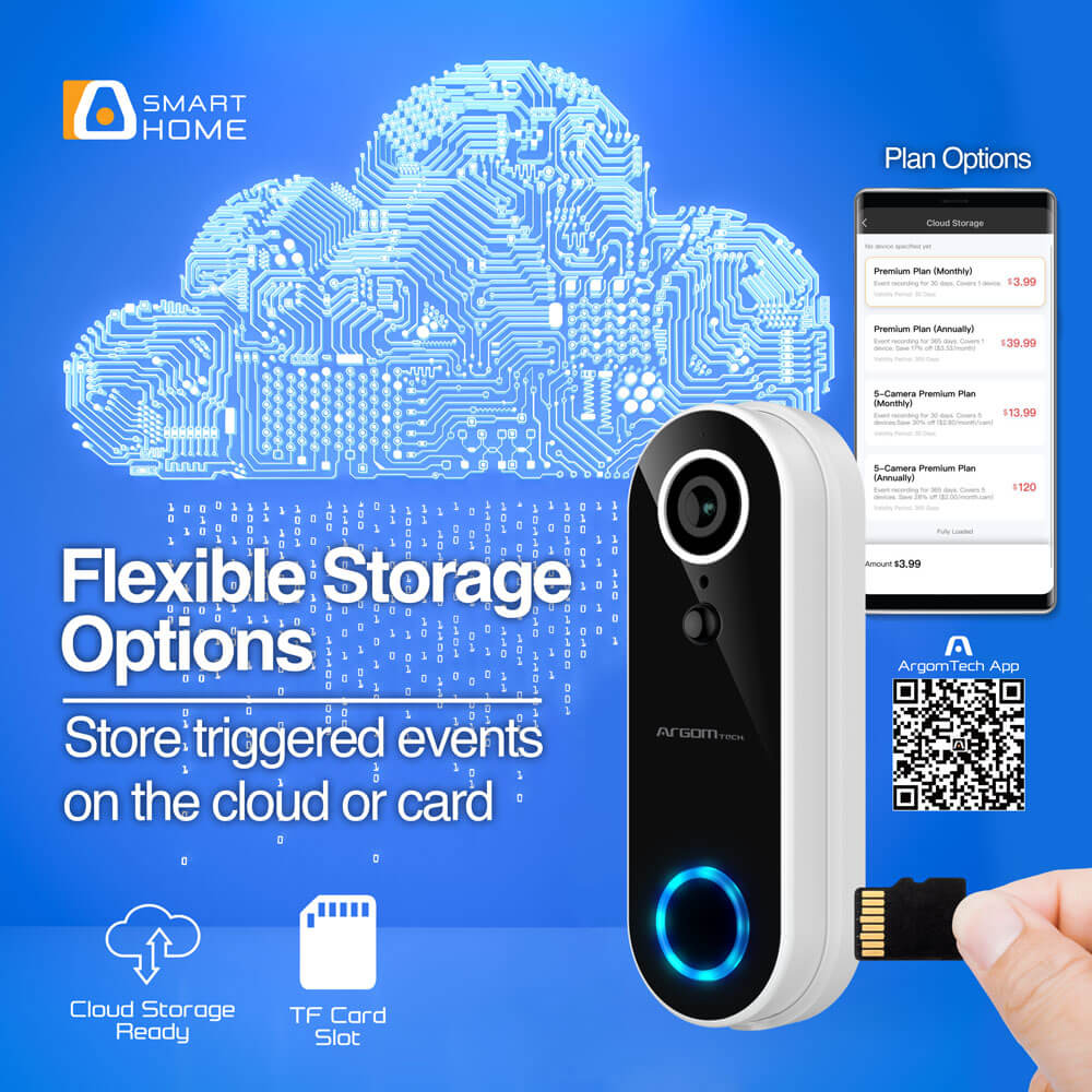 Timbre de video Wi-Fi 1080p con chime y opciones de almacenamiento flexible en la nube o tarjeta.