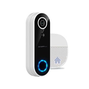 timbre de video Wi-Fi 1080p con chime y chime de sonido en blanco, diseño moderno y funcional.
