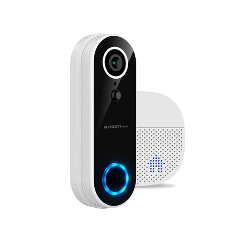 timbre de video Wi-Fi 1080p con chime y chime de sonido en blanco, diseño moderno y funcional.