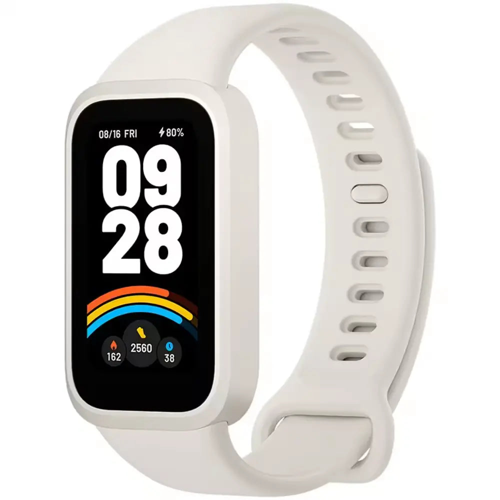 XIAOMI SMART BAND 9 ACTIVE BEIGE with 1.47-inch TFT display and health monitoring features, shown in ultralight beige design.