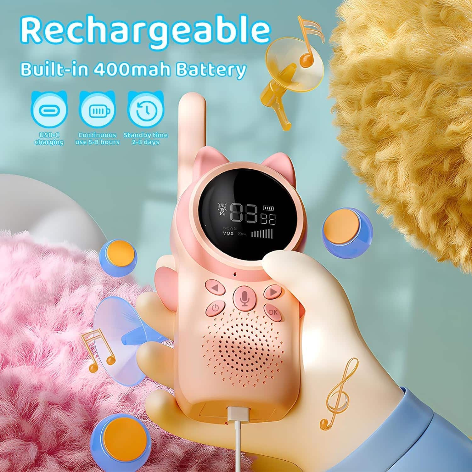 Walkie Talkies Recargables Para Niños,  Paquete De 2 Walkie Talkies De Largo Alcance 22 Canales De Radio De 2 Vías Con Linterna Lcd Retroiluminada. - walkie rosa recargable con pantalla LCD y linterna