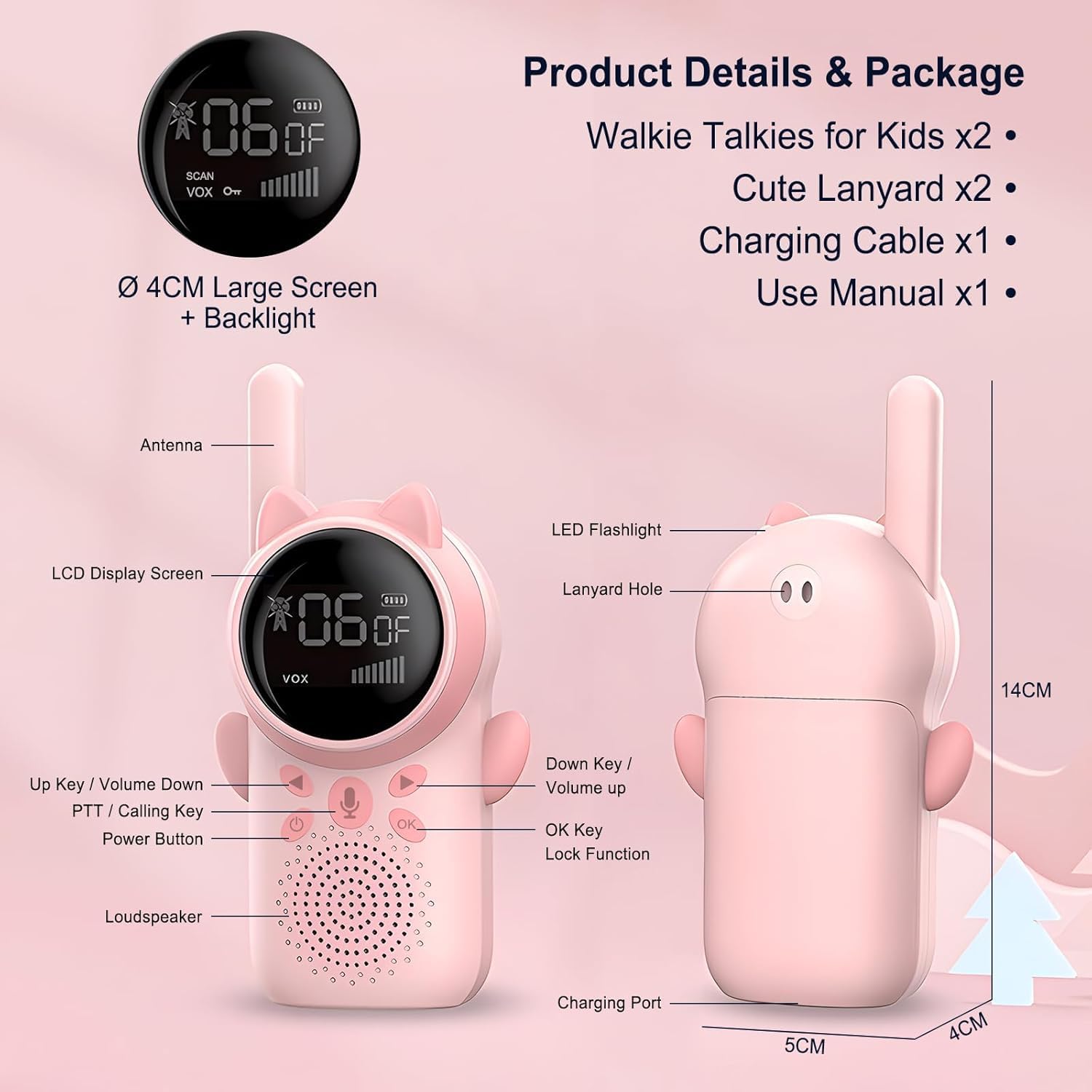 Walkie Talkies Recargables Para Niños, Paquete De 2 Walkie Talkies De Largo Alcance 22 Canales De Radio De 2 Vías Con Linterna Lcd Retroiluminada. niños azul y rosa con pantalla LCD y linterna