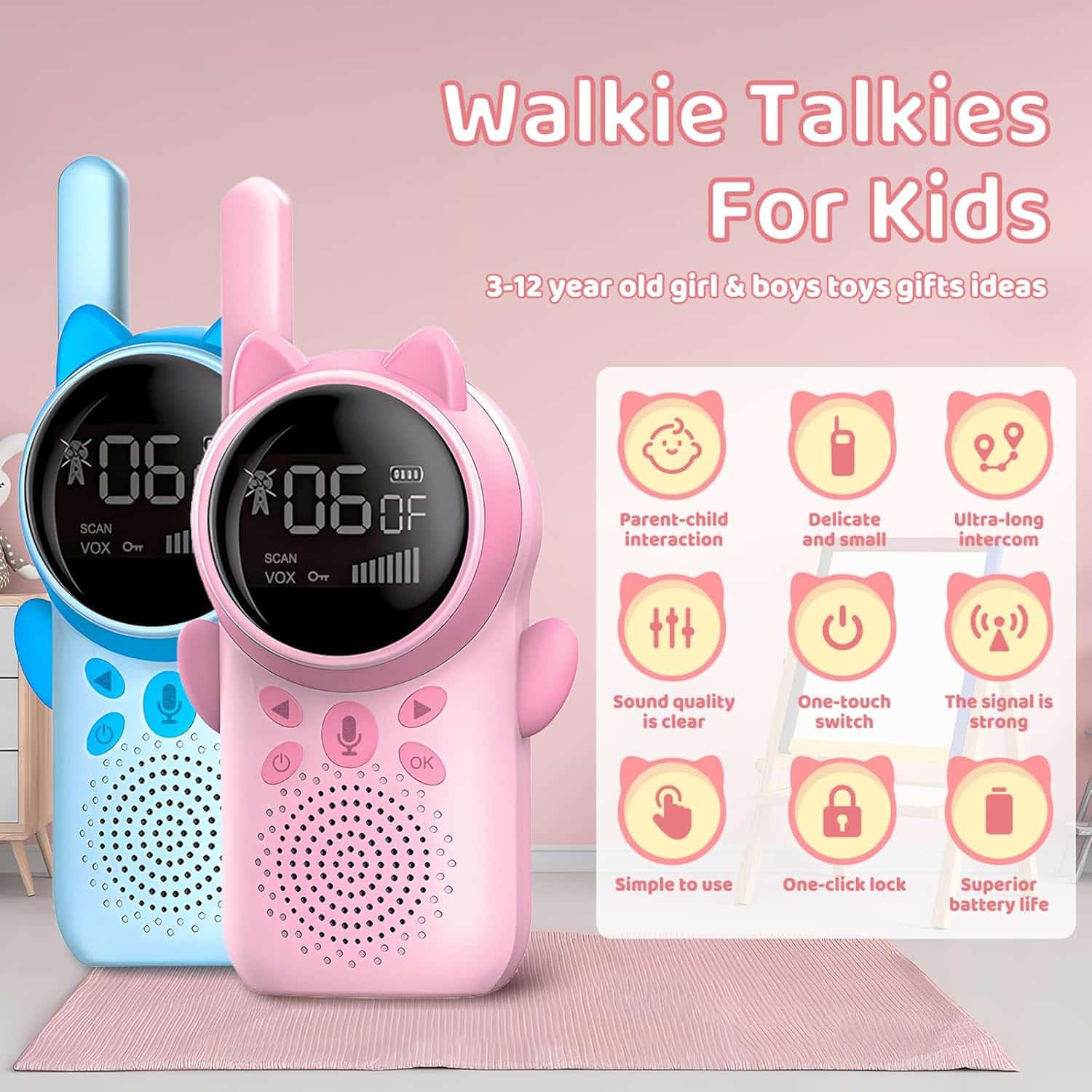 Walkie Talkies Recargables Para Niños,  Paquete De 2 Walkie Talkies De Largo Alcance 22 Canales De Radio De 2 Vías Con Linterna Lcd Retroiluminada. Niños azul y rosa, pantalla LCD y linterna