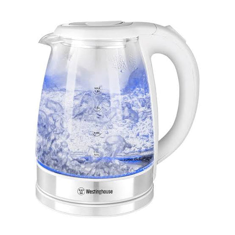 Westinghouse hervidor de vidrio led 1.8 L 1500W - WKWKKL21WH con agua hirviendo y luz LED azul