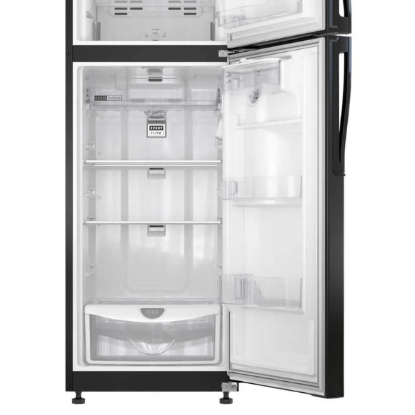 Refrigerador Whirlpool 11 pies negro con estantes transparentes y organización eficiente.