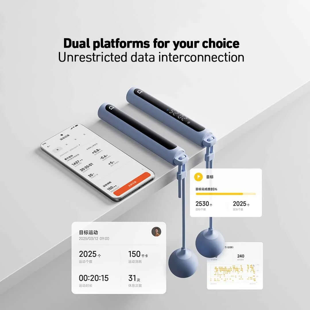Imagen de la cuerda para saltar inteligente Xiaomi con comandos digitales y conexión a aplicación móvil.