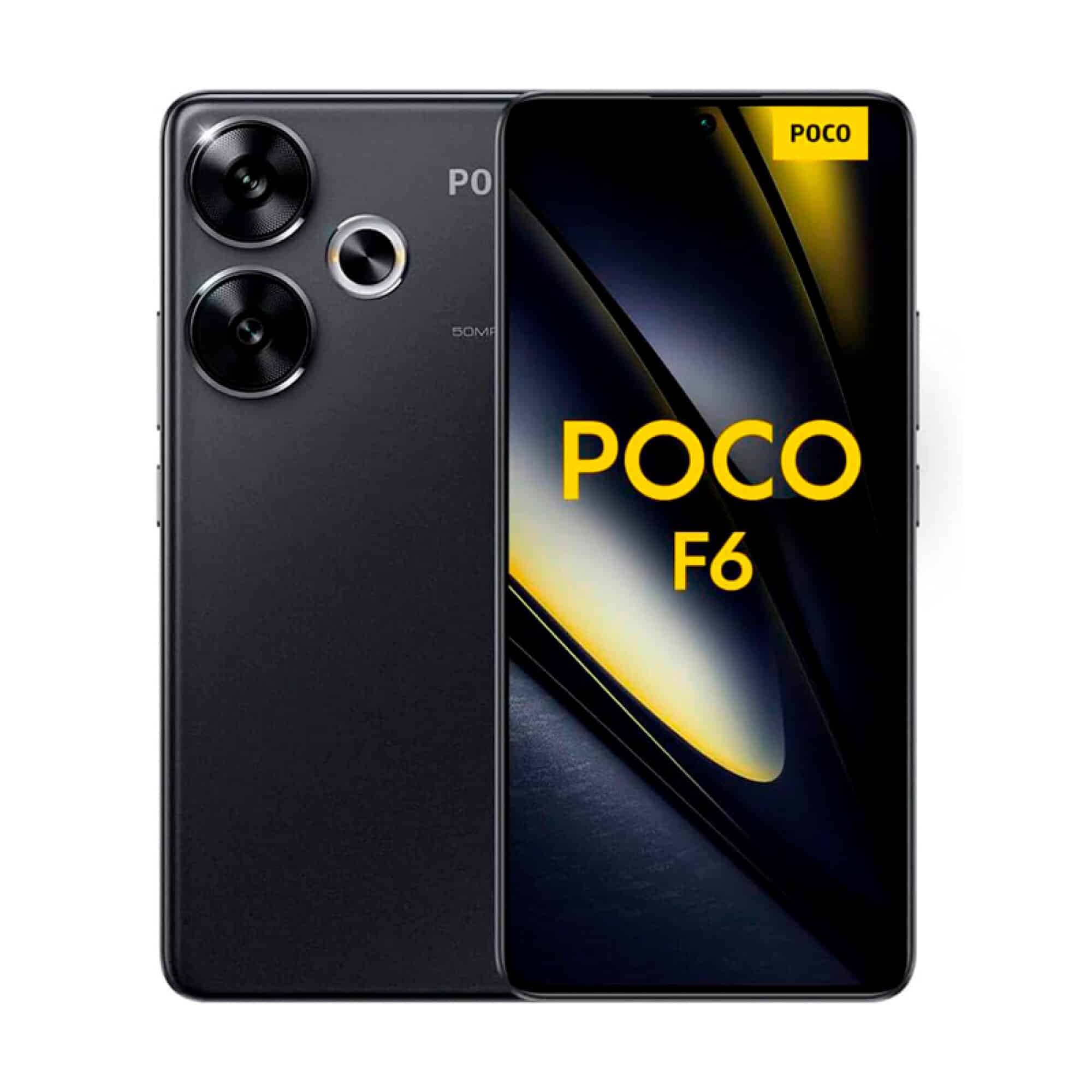 Celular  Xiaomi Poco  F6 / 512Gb  12Gb  5G - vista frontal y trasera en negro con pantalla AMOLED 6.67" y cámara dual