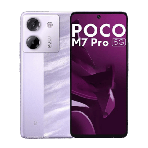 CELULAR XIAOMI POCO M7 PRO / 256GB 12GB 5G smartphone frontal and back view with dual cameras and purple display