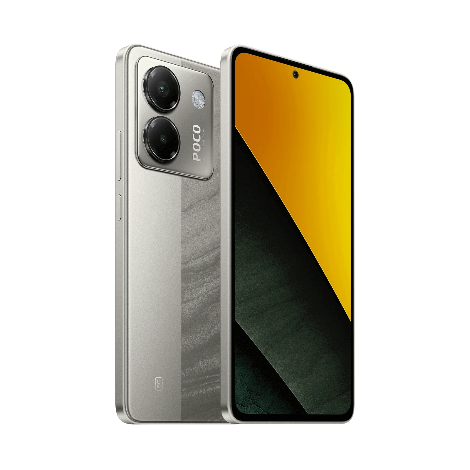 Alt Tag: CELULAR  XIAOMI POCO  M7 PRO / 256GB  8GB  5G vista frontal y trasera en color plateado, pantalla perforada y doble cámara trasera