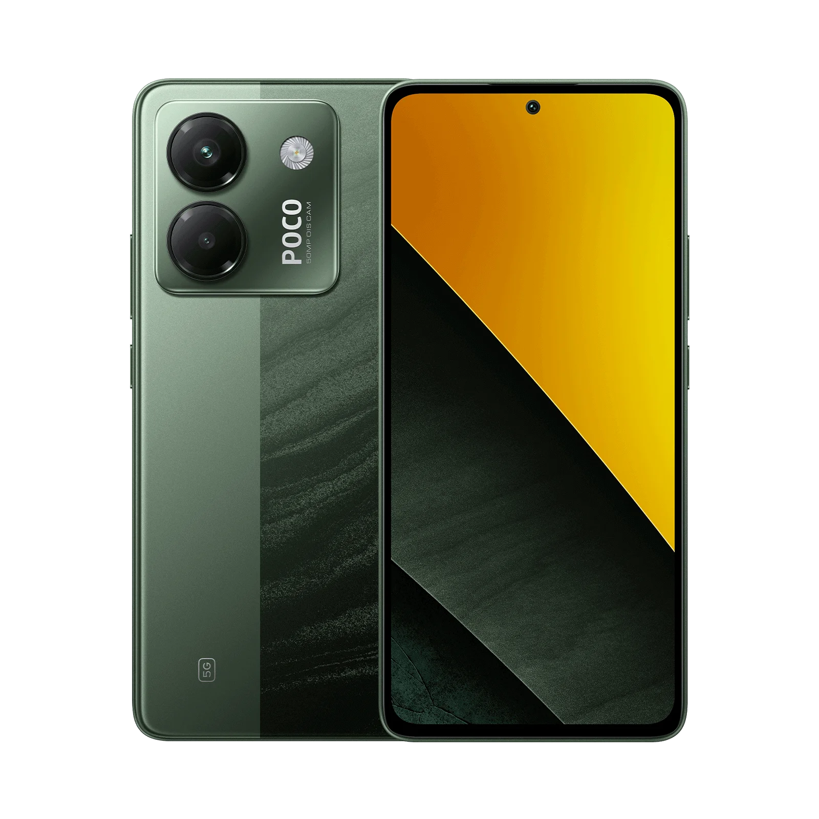 CELULAR  XIAOMI POCO  M7 PRO / 256GB  8GB  5G smartphone verde vista frontal y trasera con doble cámara y pantalla perforada