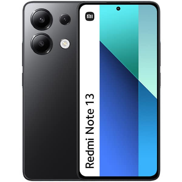 Celular  Xiaomi Redmi Note 13  / 128Gb  6Gb  5G en color negro, vista frontal y trasera con pantalla AMOLED de 6.67'' y triple cámara 108 MP
