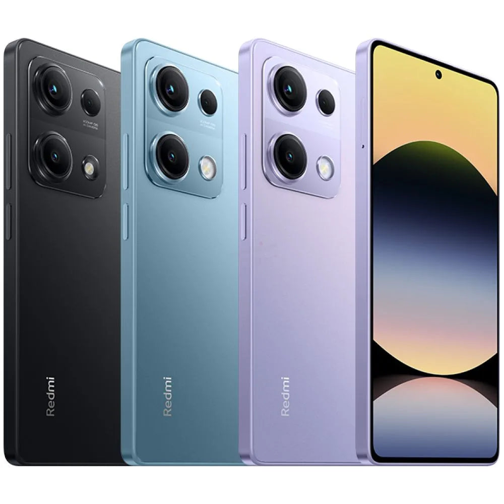 CELULAR XIAOMI REDMI NOTE 14S / 256GB 8GB showing black, blue, and purple phones with front display and triple rear cameras