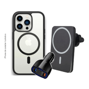 Combo: Soporte para celular iPhone con cargador inalámbrico para carro- Hold Car + cargador de cigarrera + estuche Magsafe seleccionados