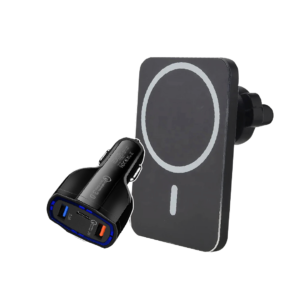 Combo: Soporte para celular iPhone con cargador inalámbrico para carro- Hold Car + cargador de cigarrera