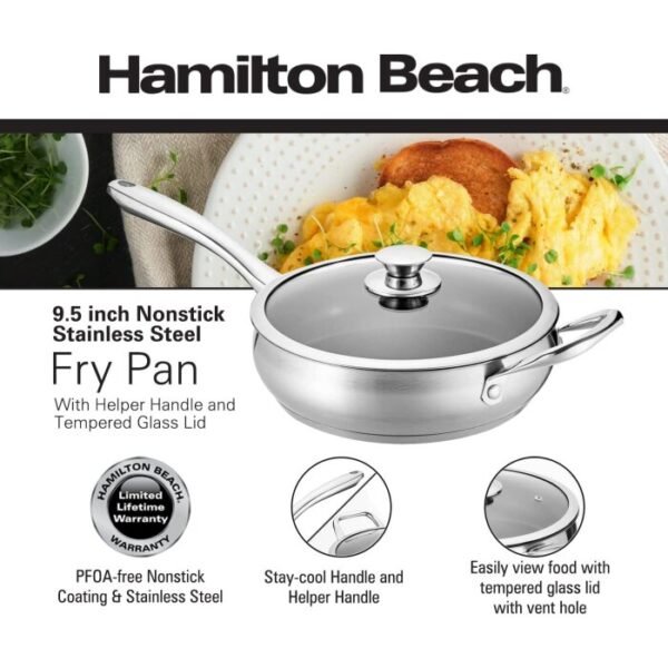 Hamilton Beach Sarten Acero Inox 24Cm | 9.5" C/Tapa Vidrio Induccion Profesional Hbq102 - Image 3