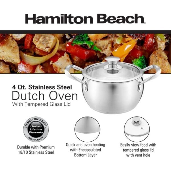 Hamilton Beach Dutch Oven Acero Inox 3.8L | 4Qt C/Tapa Vidrio Induccion Profesional Hbq106 - Image 3